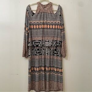 CATO Peach Boho Print Long Sleeve Keyhole Dress | 18/20W